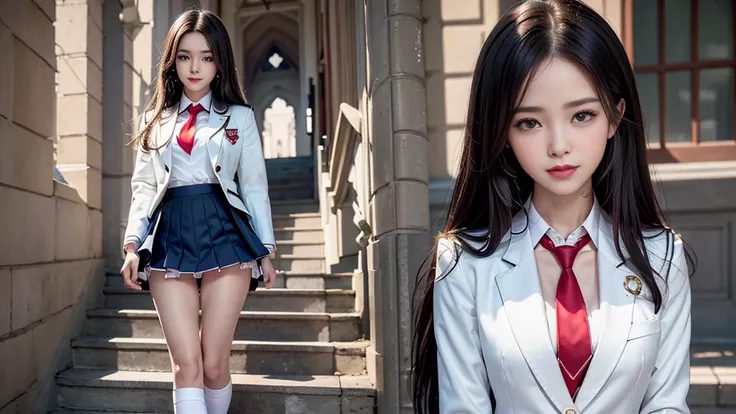 ( Girl Standing on School Stairs )，Charming eyes，heart warming action，Step away from the camera， from the front lift your head，long thick black hair ，High definition body ，  Highly Detailed Face， top quality、(P Me NK Underwear ),( high school girl),(( whit...