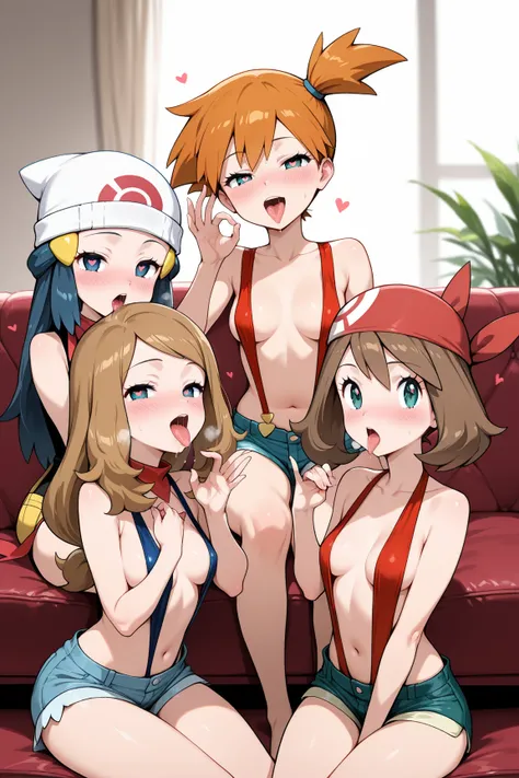 masterpiece,best quality,4girls,(misty (pokemon),side ponytail,green eyes,orange hair),(may (pokemon),bandana,brown hair,blue eyes),(dawn (pokemon),long hair,blue hair,beanie),(serena (pokemon),short hair,brown hair,hat,blue eyes),sitting,looking at viewer...