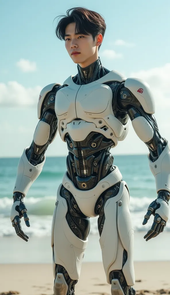 Bionic robot that looks like a Korean handsome male star high school student，Chest Full ，Abdominal muscles， delicate cute face ，Fragmented cap hairstyle， inverted triangle body ，Five-Toe ， five fingers， with no clothes ，Crotch Full of Details，Stretching yo...