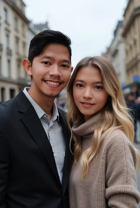 Portray a Full image of an international couple in accentuating a blissful moment.  couples looking straight at the camera . The couple features an  Asian man  in his thirties and a white European women in her twenties.  x} This man has a strong square fac...