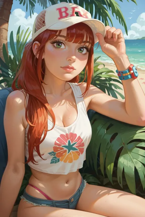 score_9, score_8_up, score_7_up,1girl, long straight hair with bangs, baseball cap, ( cropped tank top), thong, Cleavage, sitting on a tropical beach