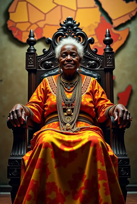 An elderly black African woman dressed in traditional dress and sitting on a throne chair in front of a map of Africa 