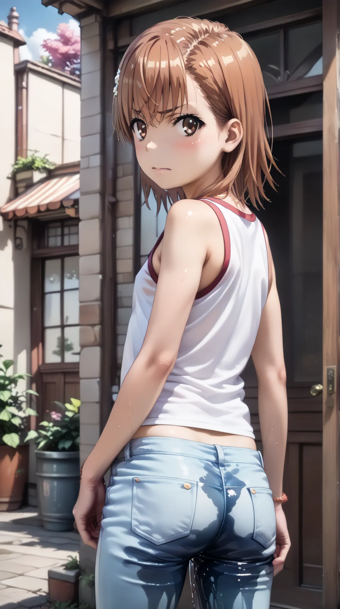 (UHD, retina, masterpiece, accurate, anatomically correct, super detail, high details,     highres, 1080P, 16k:1.3)、 (misaka mikoto:1.3)、 short hair, brown hair、(very flat chest:1.5)、(shiny skin:1.3)、(looking back at viewer, booty facing viewer:1.5)、(embar...