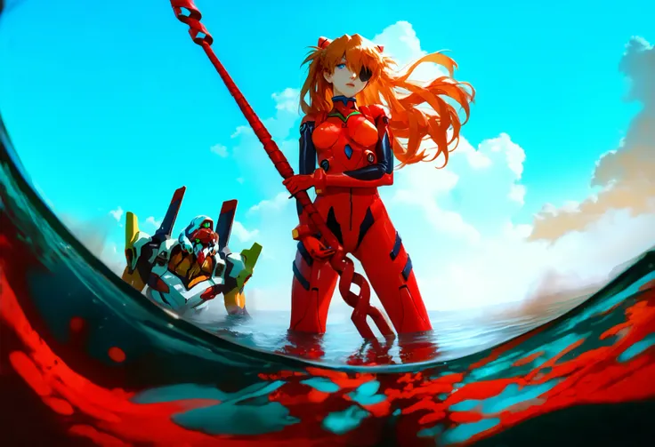  a girl,   souryuu asuka langley  , Neon Genesis  Evangelion, sensible, Alone , eyepatch,   tight red suit  ,  epic poses , seen from below,  hair moved by the wind ,  sunny day,sky and clouds,   with open legs  ,   head tilt,   holding a weapon  ,  Longin...