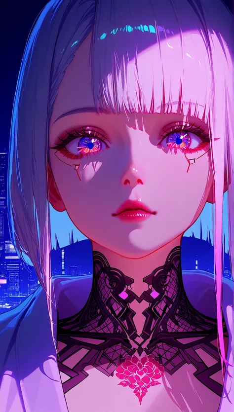  Hyper-realistic cyberpunk woman, close-up portrait, half-shaved pastel hair, intense gaze, cinematic lighting, open silk robe with golden embroidery, intricate floral chest tattoos, futuristic cityscape background, neon reflections, highly detailed, sharp...