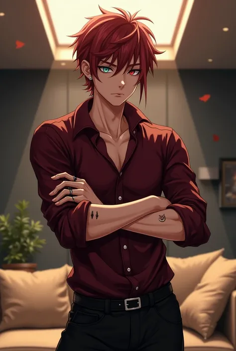  The character has messy, reddish-brown hair with a slightly unkempt look, complementing his sharp red-green eyes. His expression remains unimpressed, with arms crossed, exuding a cool and detached demeanor. He wears a dark red button-up shirt with rolled-...