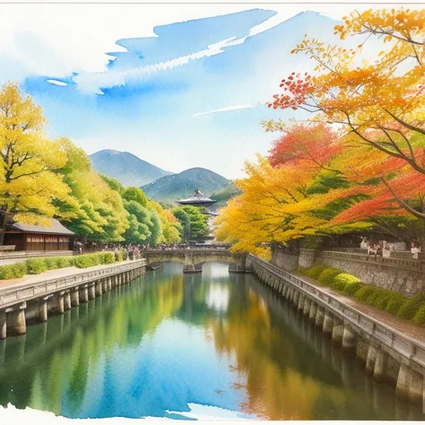 (    masterpiece:1.2,     top quality),(   very well detailed ),(((watercolor))),8k,    wallpaper, 秋のKyoto,autumn leaves, Kyoto,    blue sky,(((    Ghibli style    ))),透明watercolor