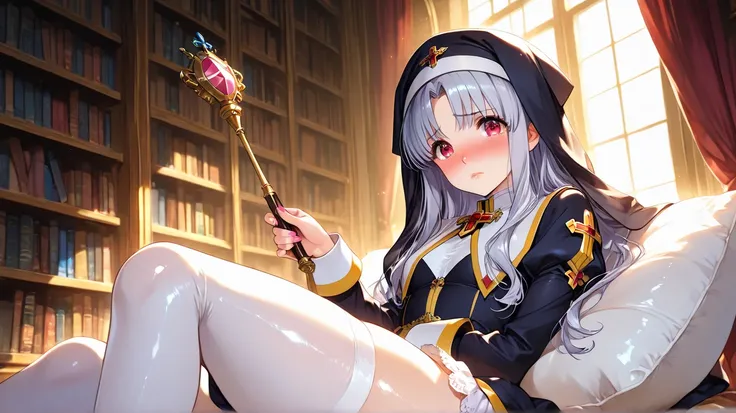  azmaria hendric (chrno crusade) a girl in a nun costume posing for a picture with a hat on her head and a wand in her hand, in a library with a window and a curtain behind, looking at something in the distance, embarrassed, indoors, long hair, looking at ...