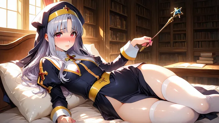  azmaria hendric (chrno crusade) a girl in a nun costume posing for a picture with a hat on her head and a wand in her hand, in a library with a window and a curtain behind, looking at something in the distance, embarrassed, indoors, long hair, looking at ...