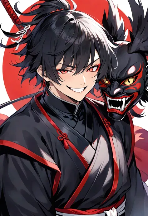 1 male、The black tengu costume  、  tengu mask、     black hair、  short hair、   is amazing 、  smirking  