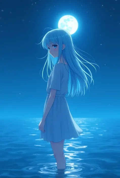 Long light blue hair that feels like a cute girl is turning around at night。Standing in a shallow place in the ocean, there is a full moon inside, and she is doing well in middle school。I'm wearing a light blue dress