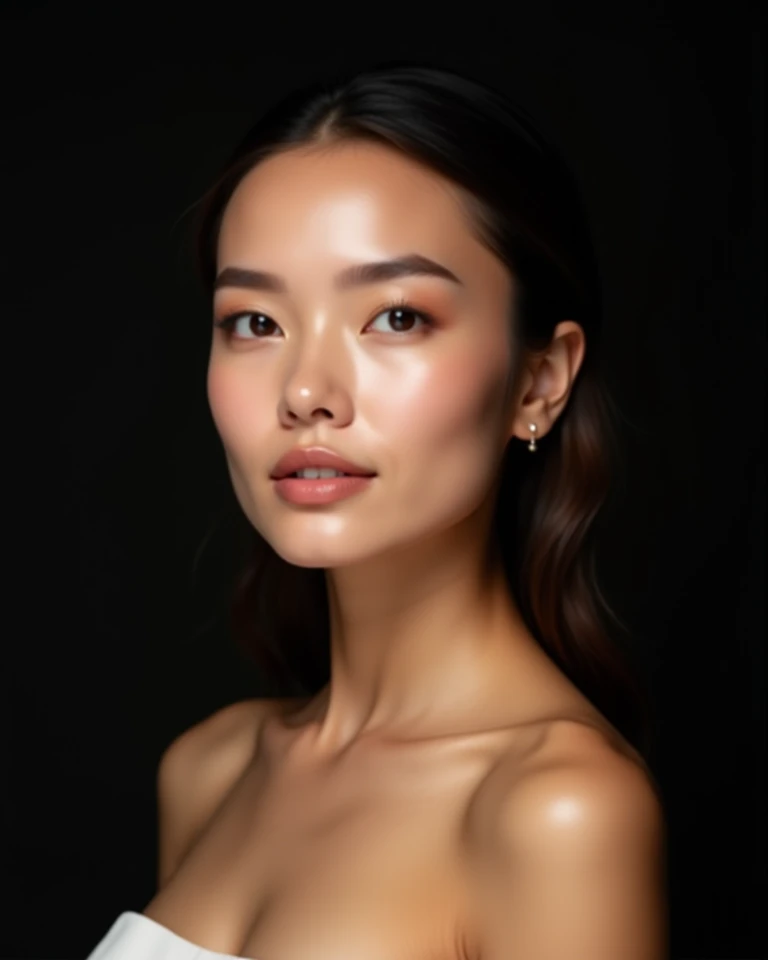 "A stunning female with flawless, radiant skin, illuminated by soft, diffused lighting. The face has a confident and elegant expression, with a natural glow. The background is sleek and minimalistic, primarily black with subtle white highlights. The overal...