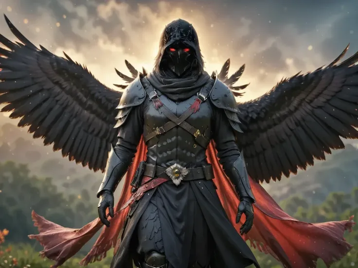 Alone,  Ultra High Definition Photography ,  full body photo Unreal Engine 5 8K UHD , male,  black and crimson armor ,  dark red tattoo details , Crow design ,  long scarf covering the left arm ,  The shape of the helmet is inspired by crows,  crow's beak ...