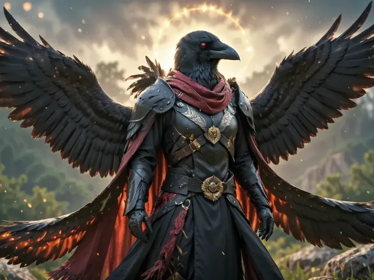 Alone,  Ultra High Definition Photography ,  full body photo Unreal Engine 5 8K UHD , male,  black and crimson armor ,  dark red tattoo details , Crow design ,  long scarf covering the left arm ,  The shape of the helmet is inspired by crows,  crow's beak ...