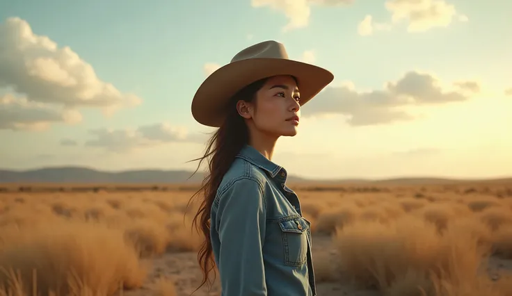 (photorealism:1.2), "A confident woman wearing a cowboy hat and a denim shirt, standing in the middle of an open field under a vast sky with scattered clouds. Her posture is strong, and her gaze is directed towards the horizon, conveying a sense of purpose...