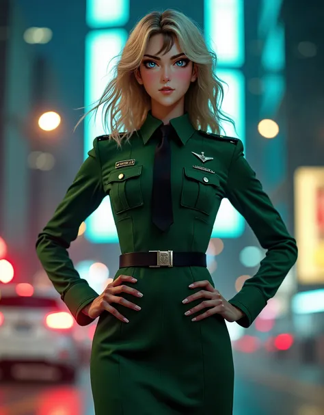 best quality, masterpiece, highres, solo, solo focus, 8k, 1lady, semi-realistic, dynamic heroic pose, standing straight, blonde hair, blue eyes, beautiful detailed eyes, beautiful detailed face, (perfect hands), sexy us military officer, city backdrop, neo...