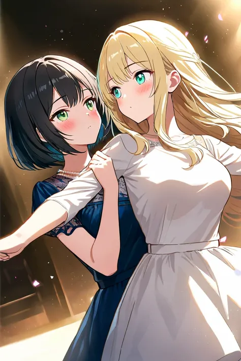  2 girls、 staring at each other、Deep Kiss、 blush、（ long hair、 blonde hair、Big Breasts、 green eyes、Fleeting、Pull your arm）、 high angle、（ black hair、Aqua Eyes、 small tits、Short Hair、Rin々Shii、Lead）、lily、 dance、 dress