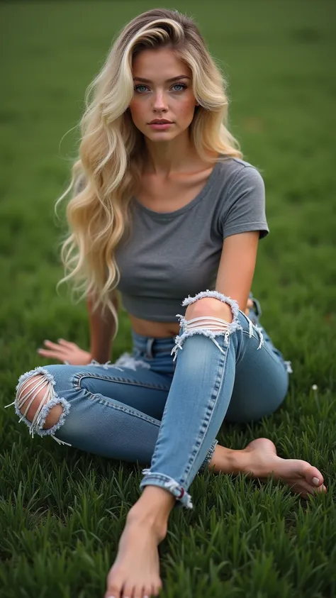 A hyperrealistic portrait of a stunning 25-year-old German virtual influencer seated effortlessly on a lush, manicured lawn. Her long, flowing blonde hair, adorned with soft sunlit highlights, cascades gracefully around her face, framing her piercing blue ...