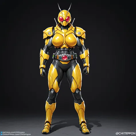 Top quality, full body, standing, from front,looking at viewer, simple background. no human features,An insect-like female humanoid monster,short antennae ,large breasts, muscular,non-human features,no human face,fully insectoid,chitinous armor,rider belt