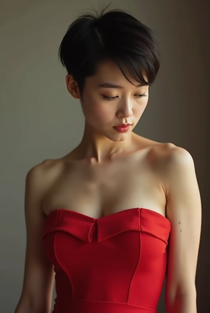 A woman with masculine, short boyish haircut. She's sligtly looking down. She's looking down, staring down and away. She's wearing an elegant red dress and posing. She has large chest and thinner waist, the red dress wrapping around her body and showing he...