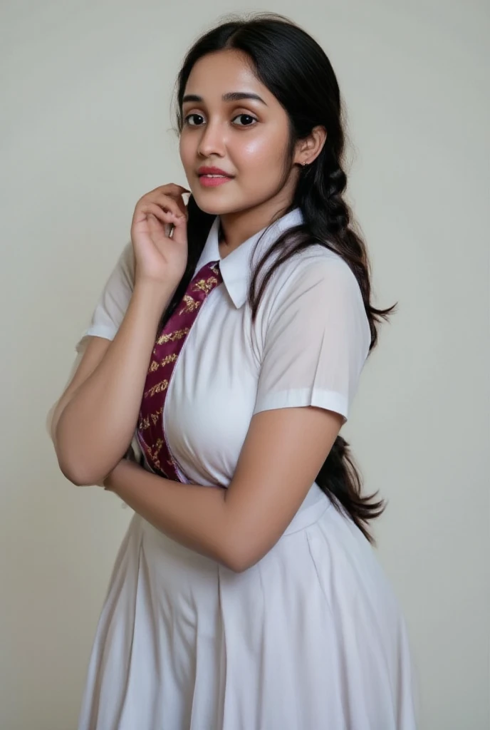 front view, sexy Indian girl in school white shirt and school white short skirt with hot curvy body , 