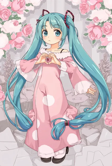 ( masterpiece、 top quality、 top quality、 Official Art、  beautiful and beautiful  :1.2)、( one girl:1.3) Hatsune Miku、 twin tails, beautiful breasts, A woman with a cute smile is cute,  fluffy off-shoulder pajamas,  make a big heart with both hands ,  posing...