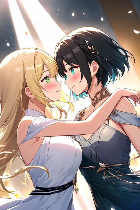  2 girls、 staring at each other、Deep Kiss、 blush、（ long hair、 blonde hair、Big Breasts、 green eyes、Fleeting）、 high angle、（ black hair、Aqua Eyes、 small tits、Short Hair、Rin々Shii、Lead）、lily、 dance、 dress、 Smile、 world for two