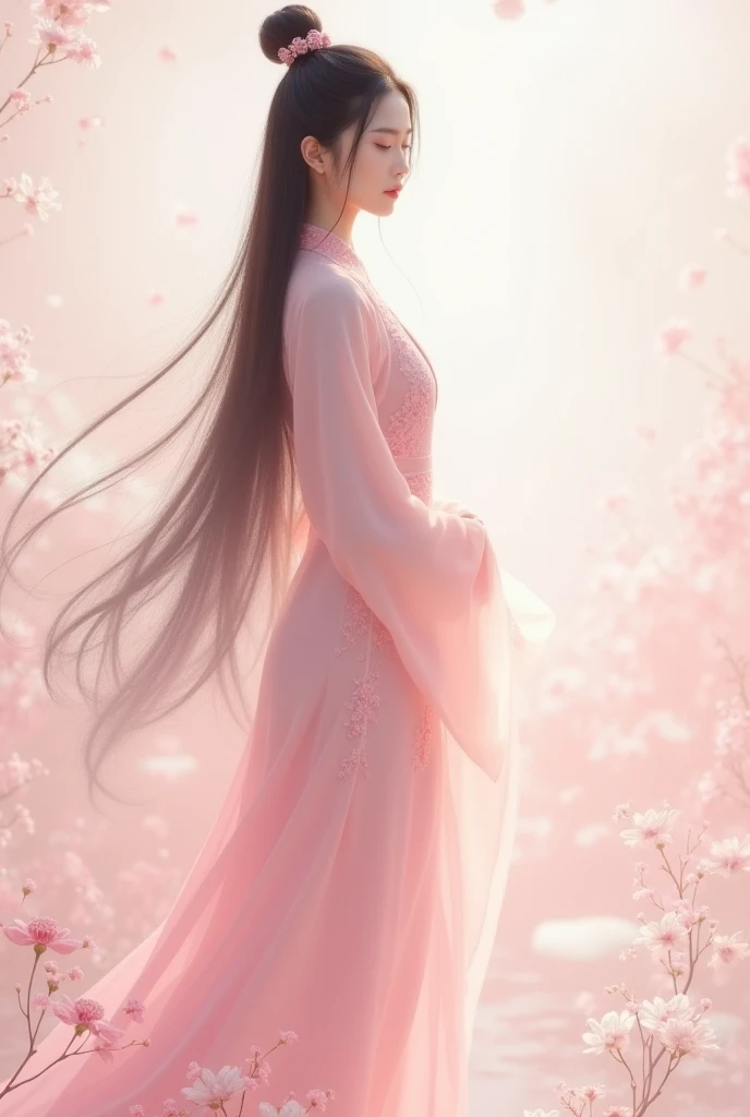 Make a pretty faceless girl in hanfu light pink aesthetics