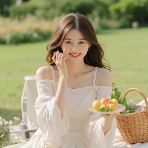 A charming 20-something cute super sexy Japanese person enjoying a relaxing picnic on a lush green park lawn, captured in a medium close-up shot. They are dressed fashionably in warm colors such as soft white, wearing a revealing yet elegant outfit that hi...