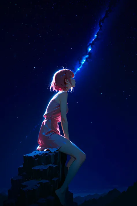 Anime Starry Sky,dark background,Anime girl sitting, Thoughtful and beautiful Looks at the Stars,mystical,Beautiful landscape,Breathtaking,About the beat Feels in the image,The scale of the painting is fascinating, 4k Wallpaper Images.