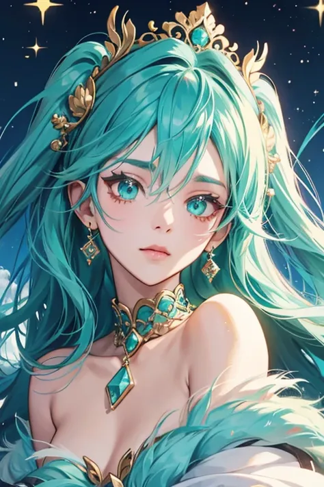 anime style; 3d; glitter; turquoise stone goddess