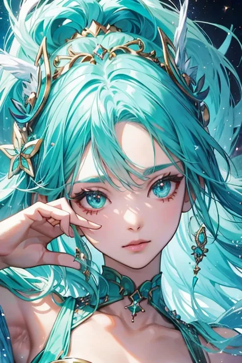 anime style; 3d; glitter; turquoise stone goddess