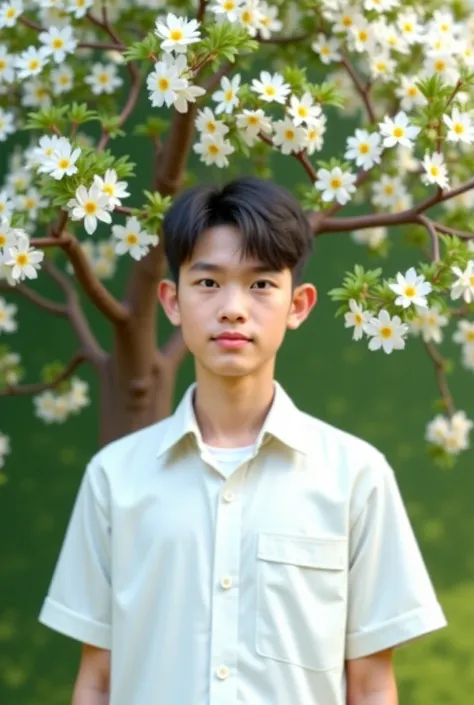 A boy aged 16 wearing a white shirt and white t-shirt is standing in front of a flowering tree. 3D photo 