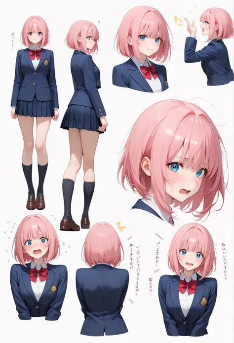 , side shot 、 bob hair,   simple white background,     pink hair ,  Navy blue jacket、  Full body shot

students、  high school uniform 、  front shot 、
Brighten Your Face,Nervous profile,Now that's a different expression.