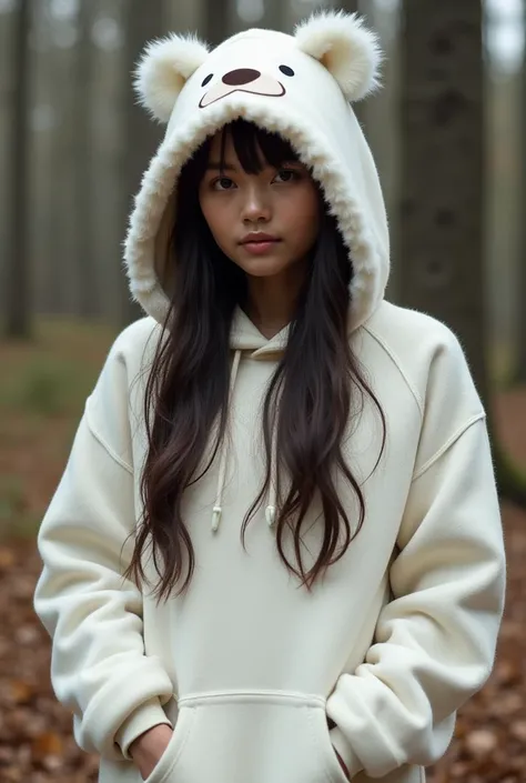 A japanese girl stands in a raillain, dark skin girl, wearing a cozy, fitted white bear-themed hoodie with a bear face on the hood. She has long hair and a gentle expression, sexy girl, perfect boobs, her gaze directed slightly to the side, forest look bac...