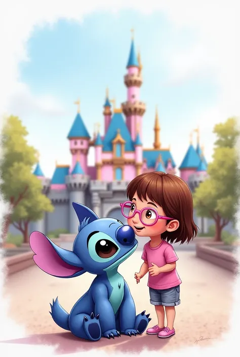 Generate a watercolor Disney background with with Stitch and my daughter is  short brown hair and pink glasses and in the background of Disneyland 