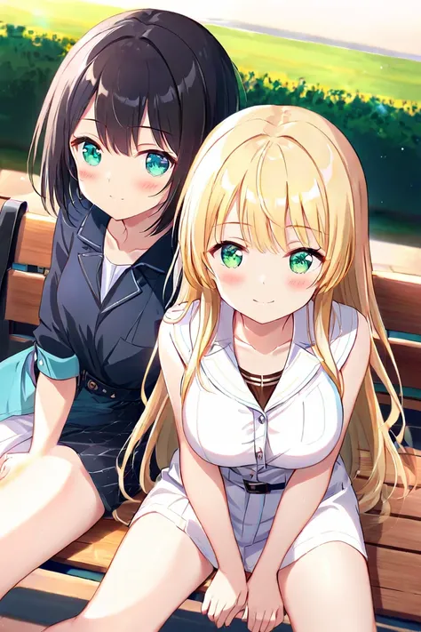  2 girls、Deep Kiss、 blush、（ long hair、 blonde hair、Big Breasts、 green eyes、Fleeting、 sleep 、Lean on your shoulders ）、 high angle、（ black hair、Aqua Eyes、 small tits、Short Hair、Rin々Shii、 stares、 smiles）、lily、 bench、sit、 world for two、 warm sunshine