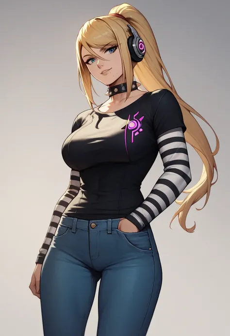 1 girl, solo, black short sleeve t-shirt, layered sleeves, white long sleeves, jeans, black t-shirt over white long sleeves, confident smile, large breasts, striped sleeves, black and white stripes, Samus, blonde hair, ponytail, blue eyes, spiked collar, s...