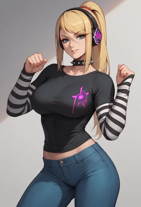 1 girl, solo, black short sleeve t-shirt, layered sleeves, white long sleeves, jeans, black t-shirt over white long sleeves, confident smile, large breasts, striped sleeves, black and white stripes, Samus, blonde hair, ponytail, blue eyes, spiked collar, s...