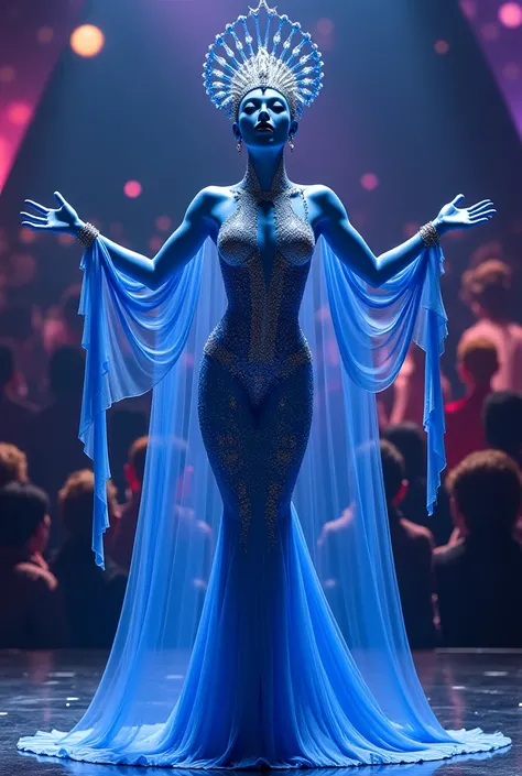 A highly detailed and recognizable depiction of Diva Plavalaguna from the movie ‘The Fifth Element,’ standing on a futuristic stage in a singing pose. She is wearing her iconic blue gown with an elongated headpiece, exactly as seen in the film, enhanced wi...