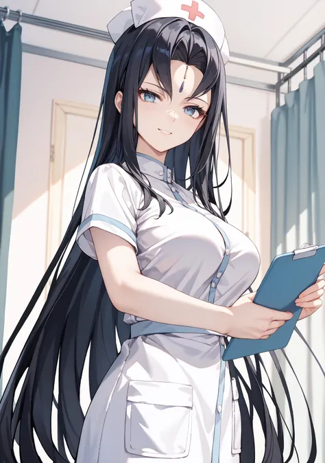 score_9, score_8_up, score_7_up, BREAK source_anime, rating_safe, best quality, masterpiece, uncensored, 1girl, Mi5ty_l0la,blue eyes,black hair, long hair, large breasts,forehead mark,tsurime,nurse, seductive smile,