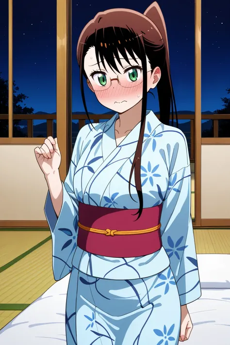 NSFW, Masterpiece, top quality, Hi-Res, very detailed,Ruri Miyamoto\(Nisekoi\)、 long hair、bangs, brown hair at the gym, green eyes、 ponytail、Glasses、鈍いbangs, small tits, kimono,yukata,hostel,Japanese-style room,tatami,Embarrassed,blush,futon,night, greedy ...