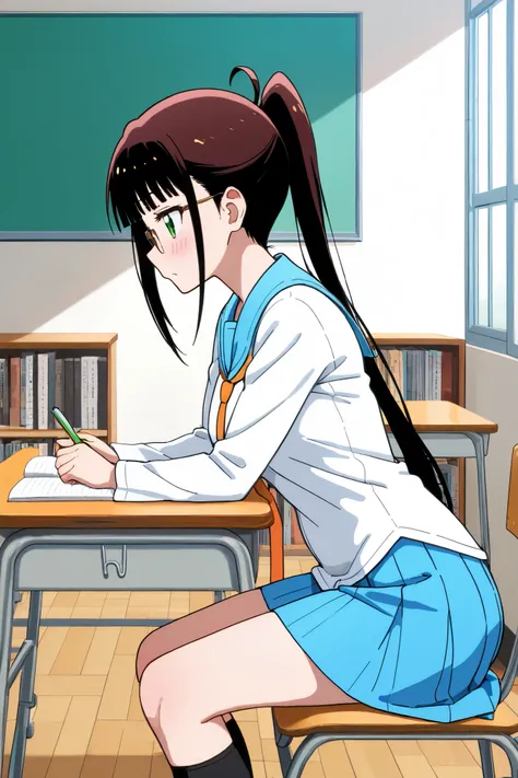 NSFW, Masterpiece, top quality, Hi-Res, very detailed,Ruri Miyamoto\(Nisekoi\)、 long hair、bangs, brown hair at the gym, green eyes、 ponytail、Glasses、鈍いbangs, small tits, skirt、 shirt、 knee socks、uniform、clavicle、白い shirt、プリーツ skirt、 tie、 sailor suit、 sailo...