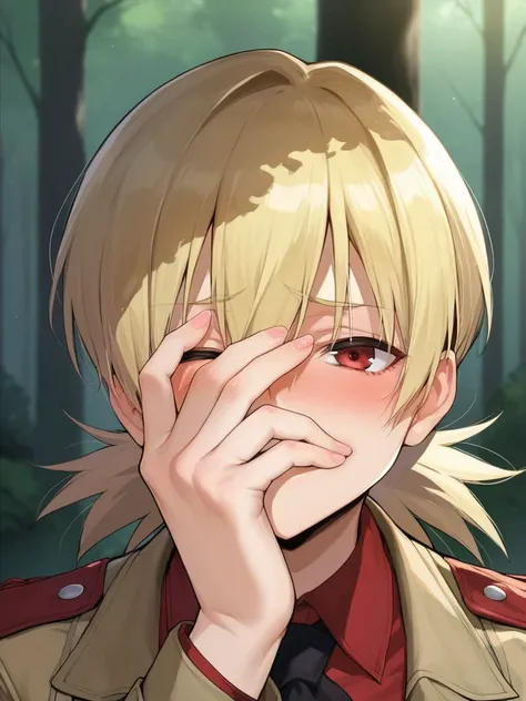 score_9, score_8_up, score_7_up, score_6_up, source_anime, BREAK by ikuchan kaoru, iku, clean color, flat color,1girl, blonde hair, hellsing, outdoors, in Forest,  face focus, face closeup, face, face only, smug, shy, embarrassed, covering mouth, covering ...