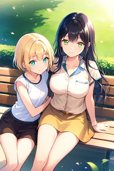  2 girls、（ long hair、 blonde hair、Big Breasts、 green eyes、Fleeting、 sleep 、Lean on your shoulders ）、 high angle、（ black hair、Aqua Eyes、 small tits、Short Hair、Rin々Shii、 stares、 smiles）、lily、 bench、sit、 world for two、 warm sunshine