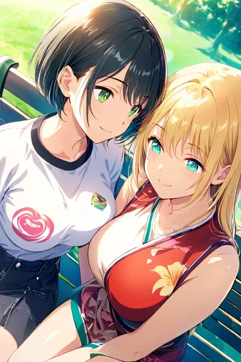  2 girls、（ long hair、 blonde hair、Big Breasts、 green eyes、Fleeting、 sleep 、Lean on your shoulders ）、 high angle、（ black hair、Aqua Eyes、 small tits、Short Hair、Rin々Shii、 stares、 smiles）、lily、 bench、sit、 world for two、 warm sunshine