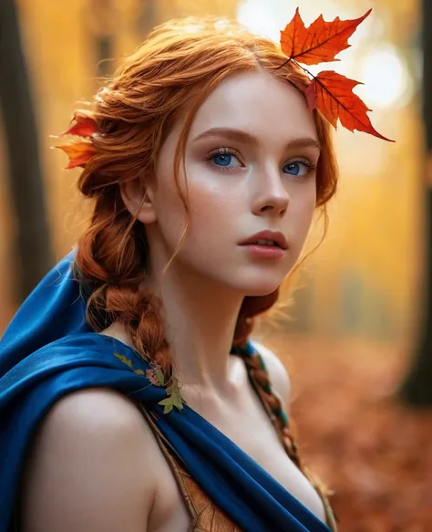  score _9,  score _8_arriba,  score _7_arriba, ( masterpiece,  ultra high definition , 8K, 16K,  ultra detailed), NSFW, shot, 1 girl, ( Beautiful face:1.3), Elf girl, orange eyes,  One-Sided Hair,  ginger hair,  holding a red leaf,  nude,  without clothes,...