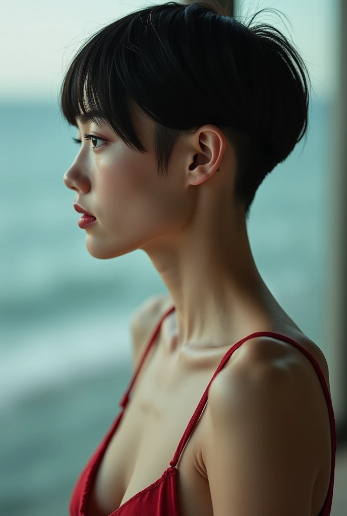 ( top quality,4K,8k, Hi-Res, Masterpiece:1.2), very detailed,( by Nomi,photo by Nomi,photo- by Nomi:1.37),Japanese women in their 20s, full body、 Textured Straight Super Short Bowl Cut Hair、Shaved head punishment、Shaved nape 、sense of loss、Nipples、 small t...