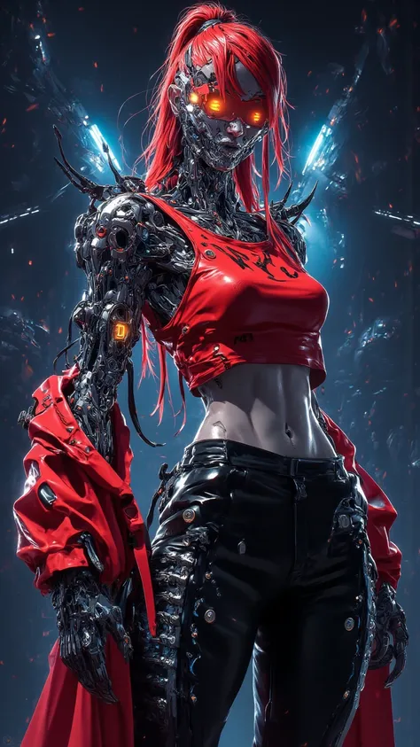  A highly detailed digital illustration ， narrates the neon lights on the ribs and clavicles of a striking cyberpunk female ， skin is porcelain skin ， which is thin and muscle-developed ，and a fierce ， confident expression 。 Her long red hair is pulled bac...