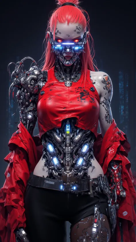  A highly detailed digital illustration ， narrates the neon lights on the ribs and clavicles of a striking cyberpunk female ， skin is porcelain skin ， which is thin and muscle-developed ，and a fierce ， confident expression 。 Her long red hair is pulled bac...